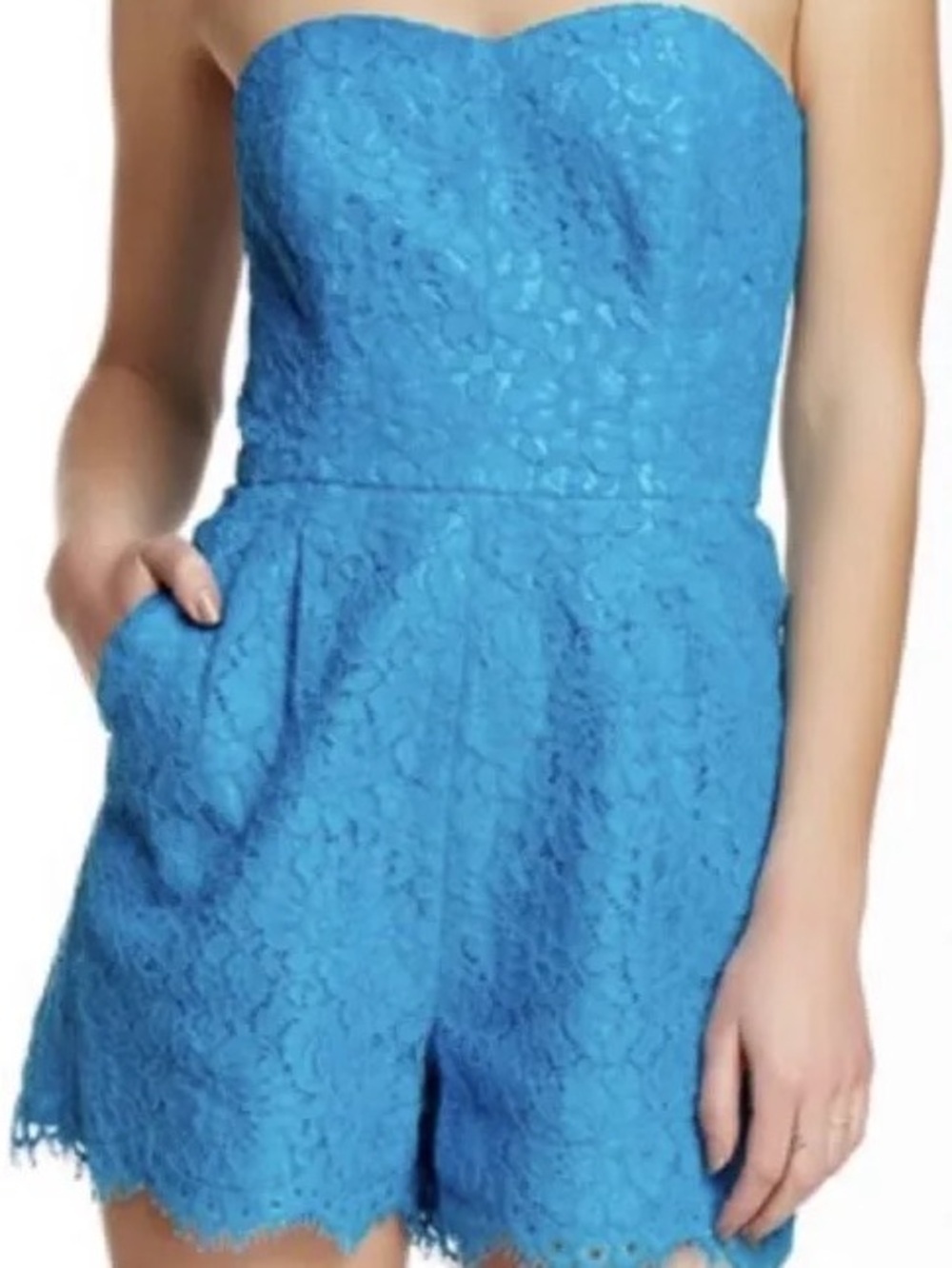 Shoshanna Strapless Blue Lace Romper with Pockets
